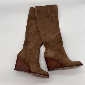 Knee high camel brown suede leather wedge heel boots
